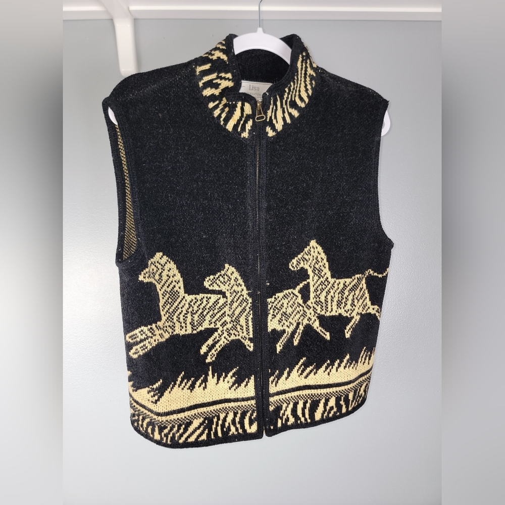 Vintage Lisa International Horse Pattern Black and Gold Vest sz Large